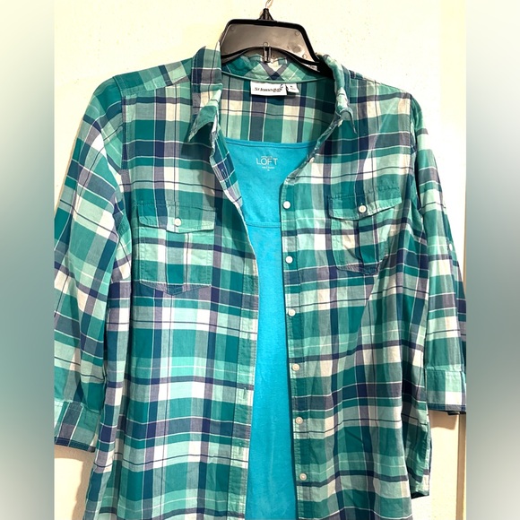 StJohns Blouse NWOT Bay 100% Cotton plaid Unisex,Sleeves up or long in one shirt - Picture 4 of 9